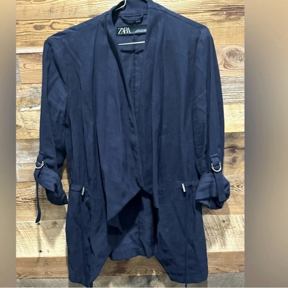 Zara flowy blazer jacket USXS office street Shacket Drawstring open navy cargo - Picture 1 of 4